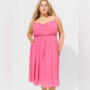Torrid Maxi Chiffon Cowl Neck Pleated Dress in Pink Gin Fizz
